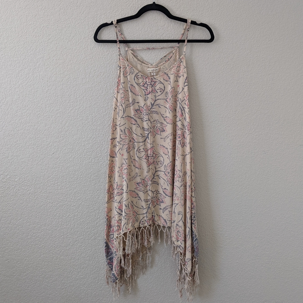 Billabong Large Tan Floral Mini Dress with Crochet Fringe Hem